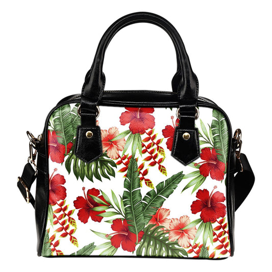 Red Hibiscus Tropical Flowers Leather Shoulder Handbag