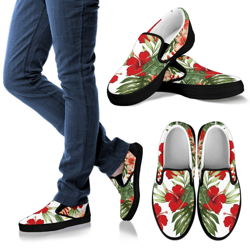 Red Hibiscus Tropical Flowers Men Canvas Slip On Shoes