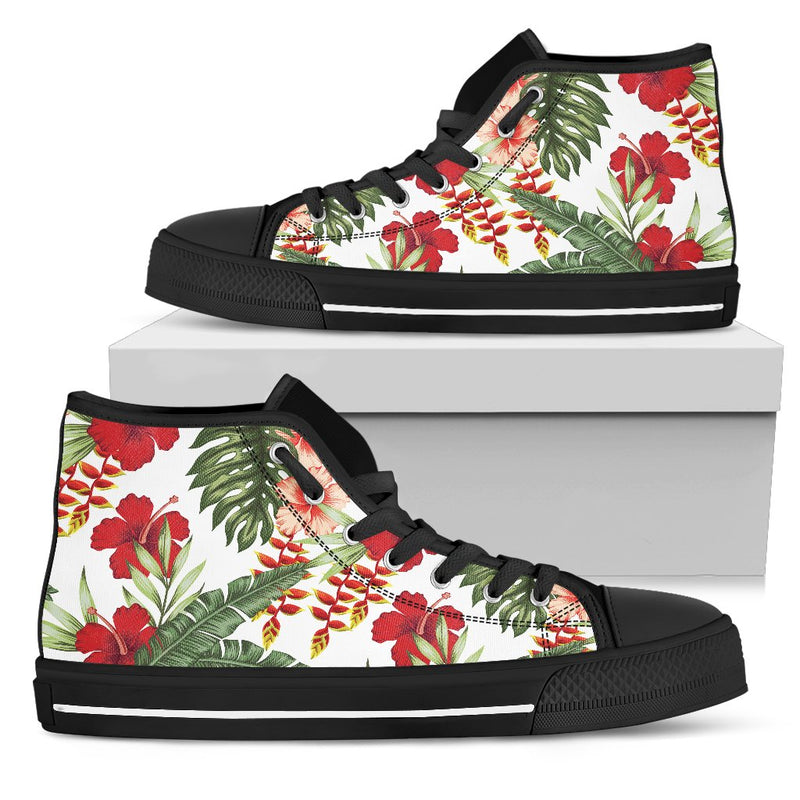 Red Hibiscus Tropical Flowers Men High Top Canvas Shoes
