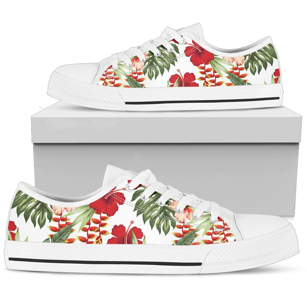 Red Hibiscus Tropical Flowers Men Low Top Canvas Shoes
