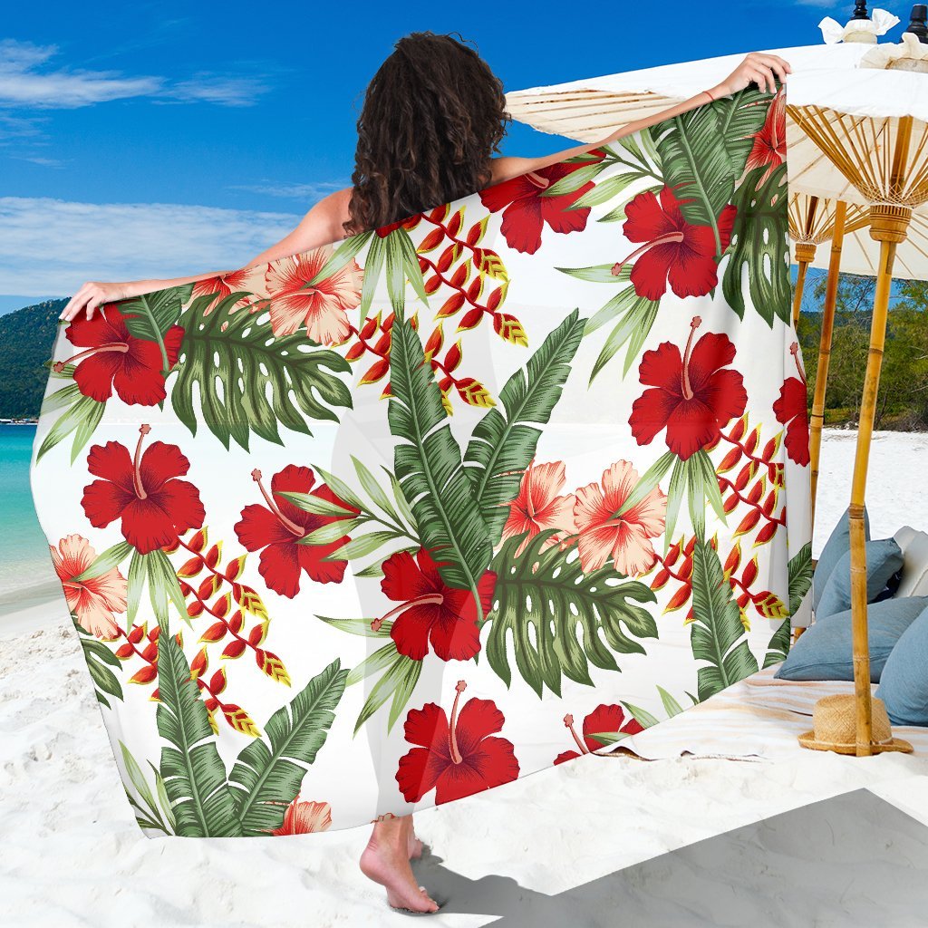 Red Hibiscus Tropical Flowers Beach Sarong Pareo Wrap