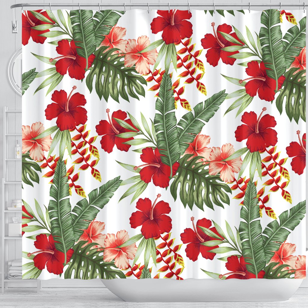 Red Hibiscus Tropical Flowers Shower Curtain