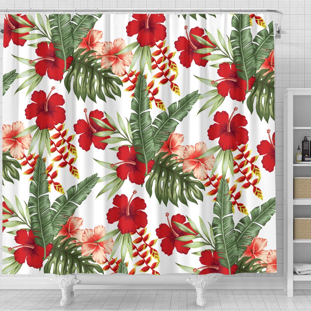 Red Hibiscus Tropical Flowers Shower Curtain