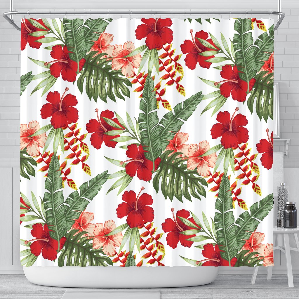 Red Hibiscus Tropical Flowers Shower Curtain