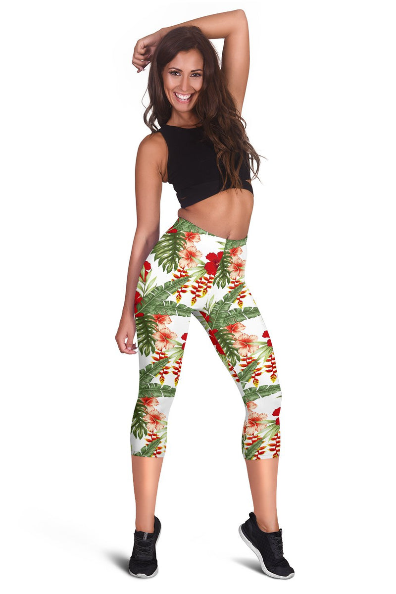 Red Hibiscus Tropical Flowers Women Capris