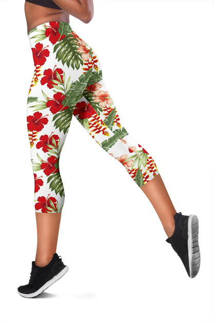Red Hibiscus Tropical Flowers Women Capris
