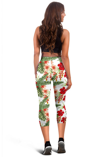Red Hibiscus Tropical Flowers Women Capris