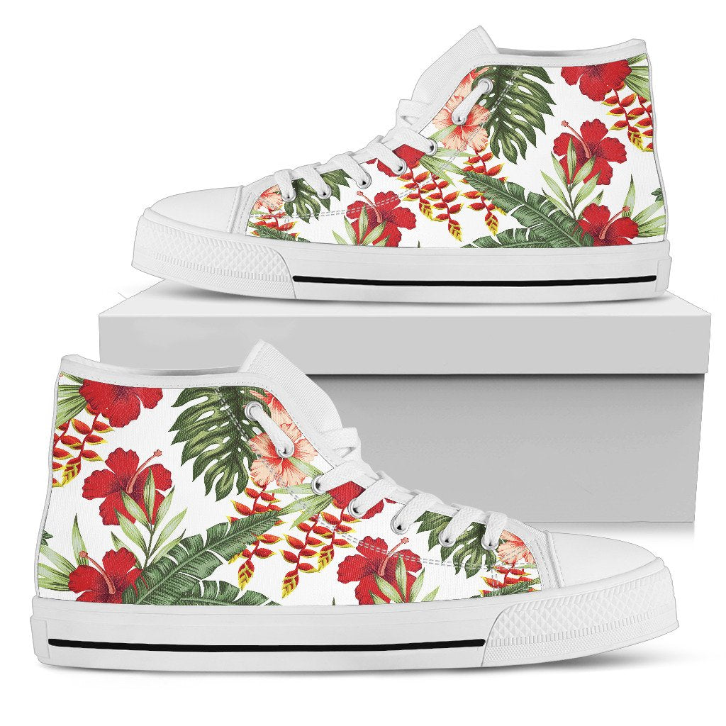 Red Hibiscus Tropical Flowers Women High Top Canvas Shoes