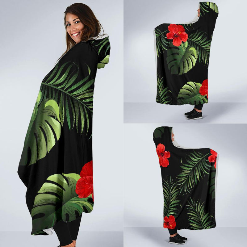 Red Hibiscus Tropical Hooded Blanket-JORJUNE.COM