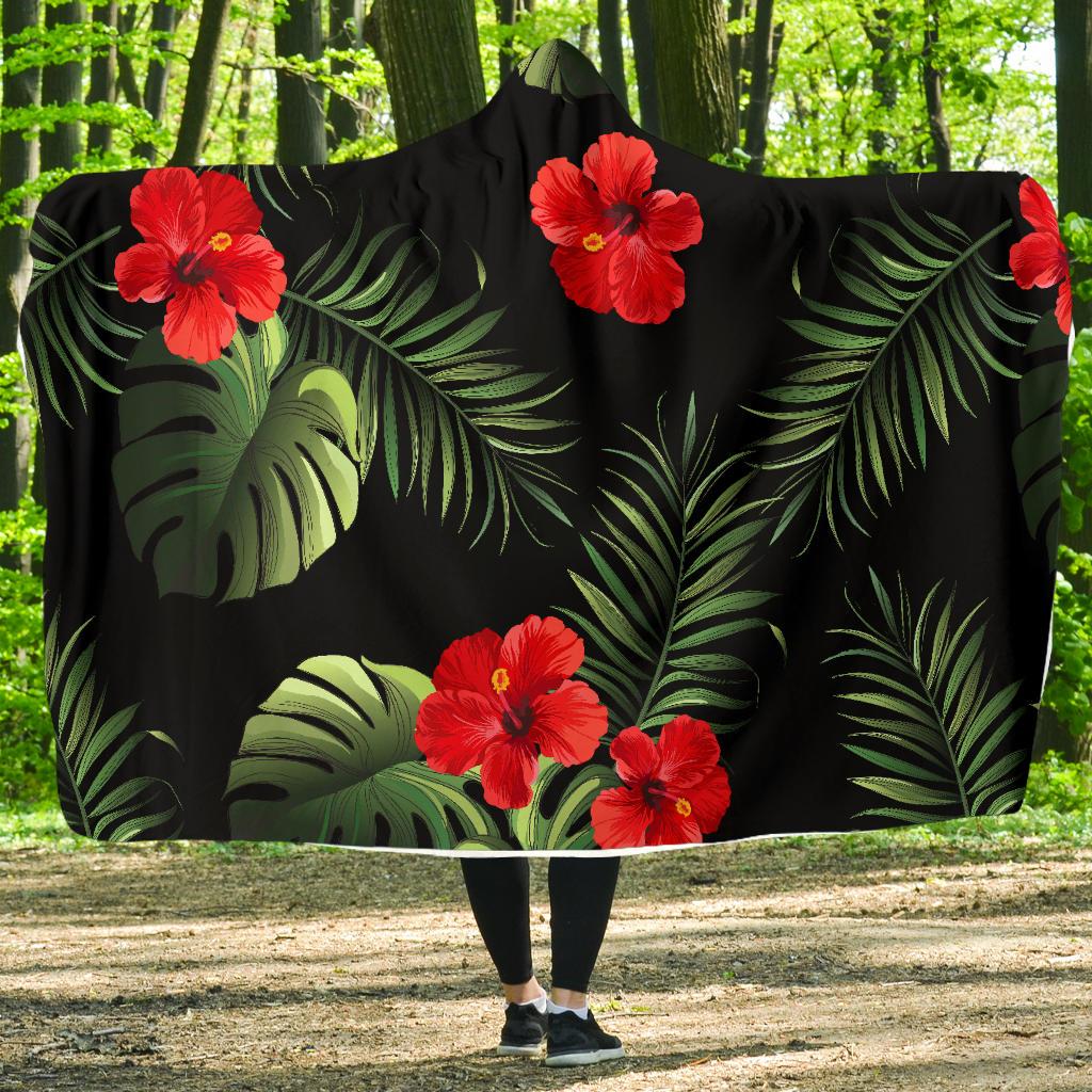 Red Hibiscus Tropical Hooded Blanket-JORJUNE.COM