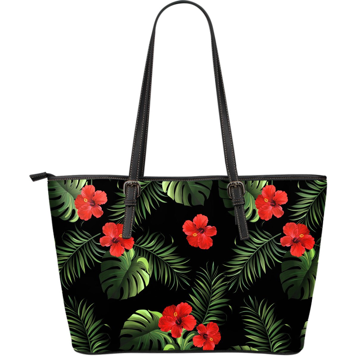 Red Hibiscus Tropical Large Leather Tote Bag