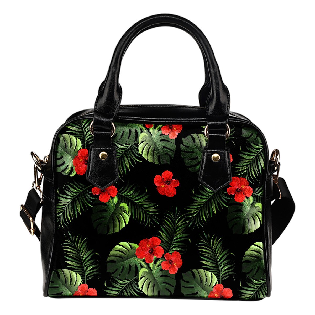Red Hibiscus Tropical Leather Shoulder Handbag