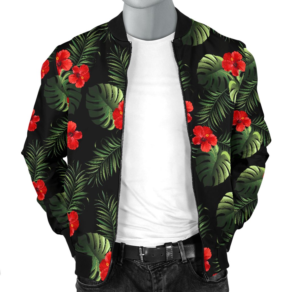 Red Hibiscus Tropical Men Casual Bomber Jacket
