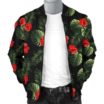 Red Hibiscus Tropical Men Casual Bomber Jacket