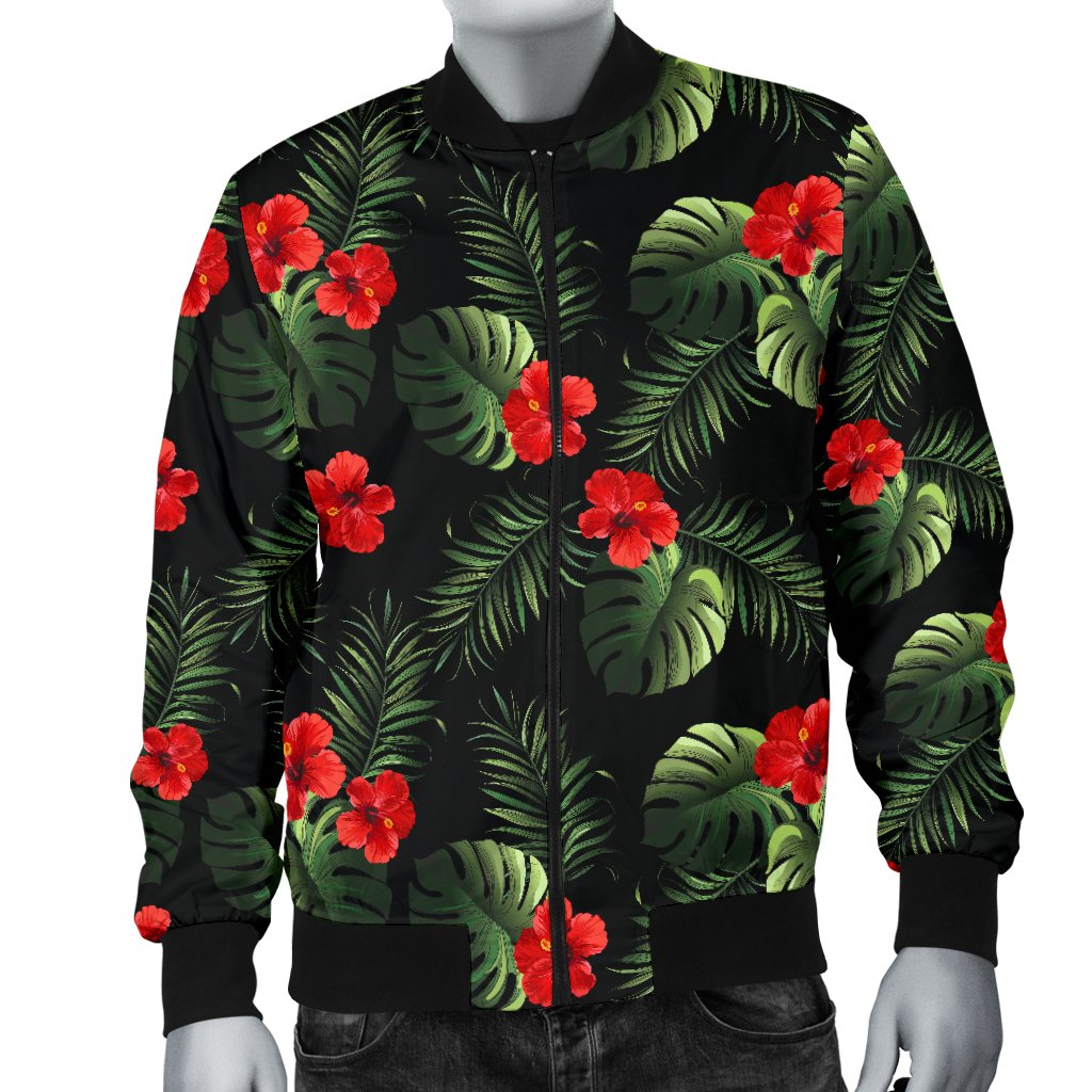 Red Hibiscus Tropical Men Casual Bomber Jacket