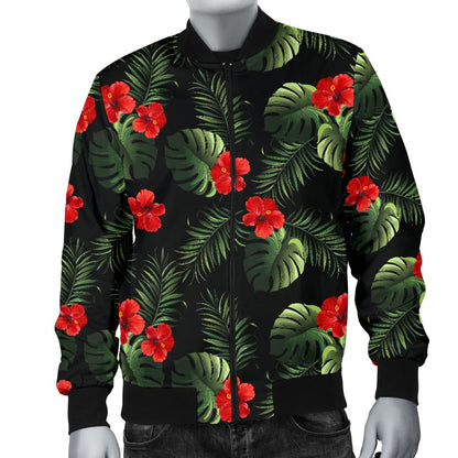 Red Hibiscus Tropical Men Casual Bomber Jacket
