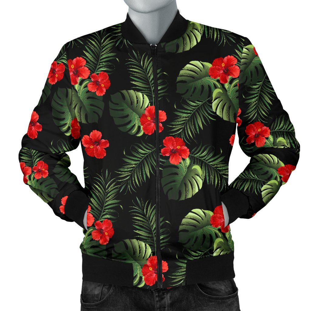 Red Hibiscus Tropical Men Casual Bomber Jacket