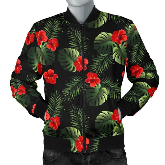 Red Hibiscus Tropical Men Casual Bomber Jacket