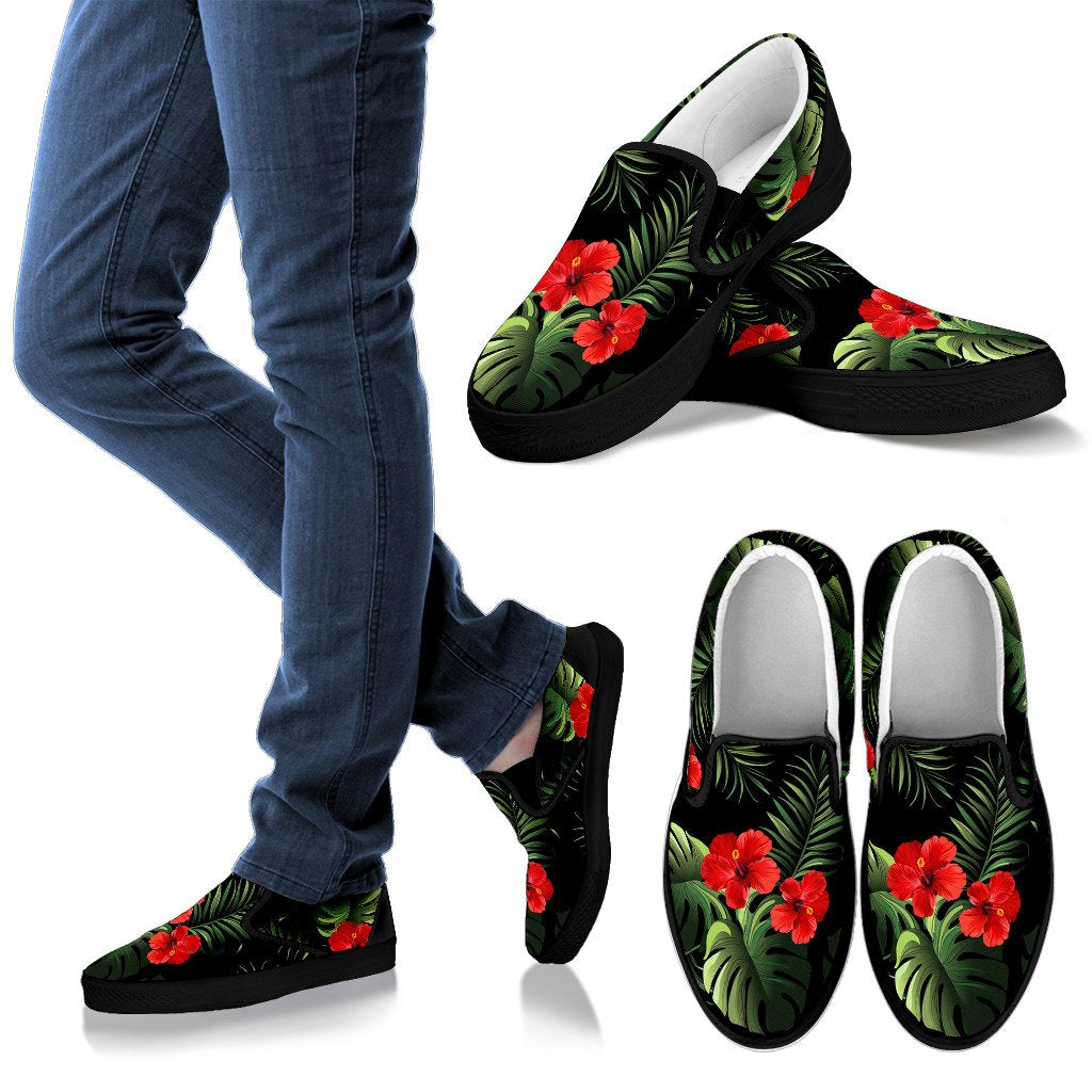 Red Hibiscus Tropical Men Slip On Shoes