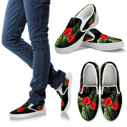 Red Hibiscus Tropical Men Slip On Shoes