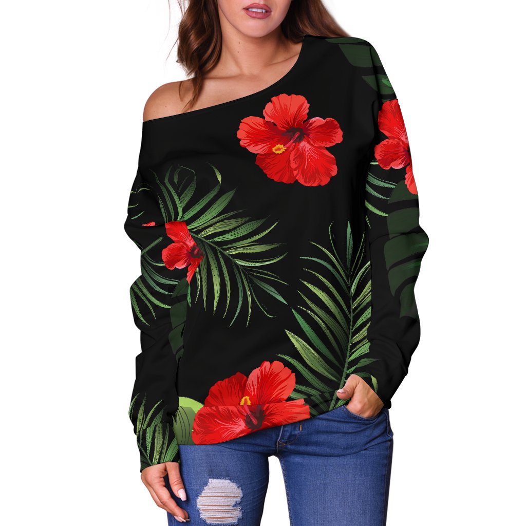 Red Hibiscus Tropical Off Shoulder Sweatshirt
