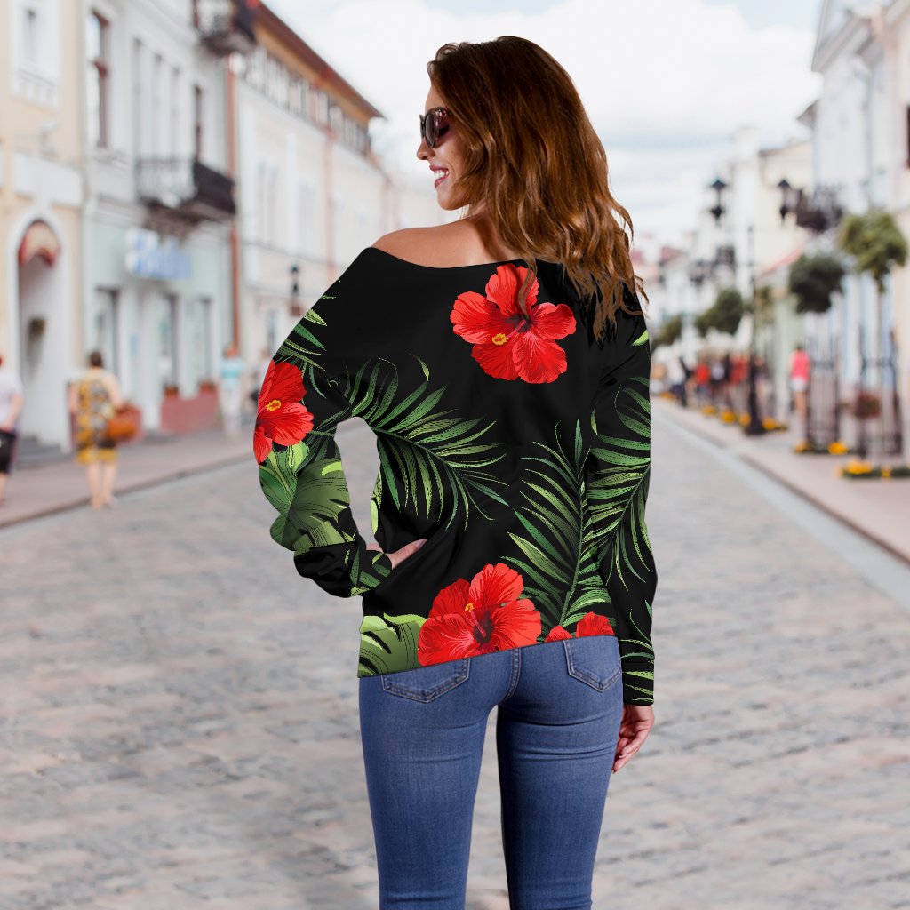 Red Hibiscus Tropical Off Shoulder Sweatshirt