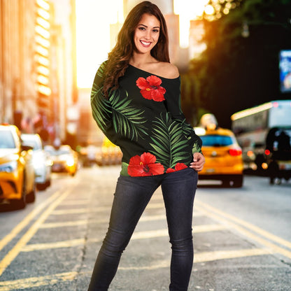 Red Hibiscus Tropical Off Shoulder Sweatshirt