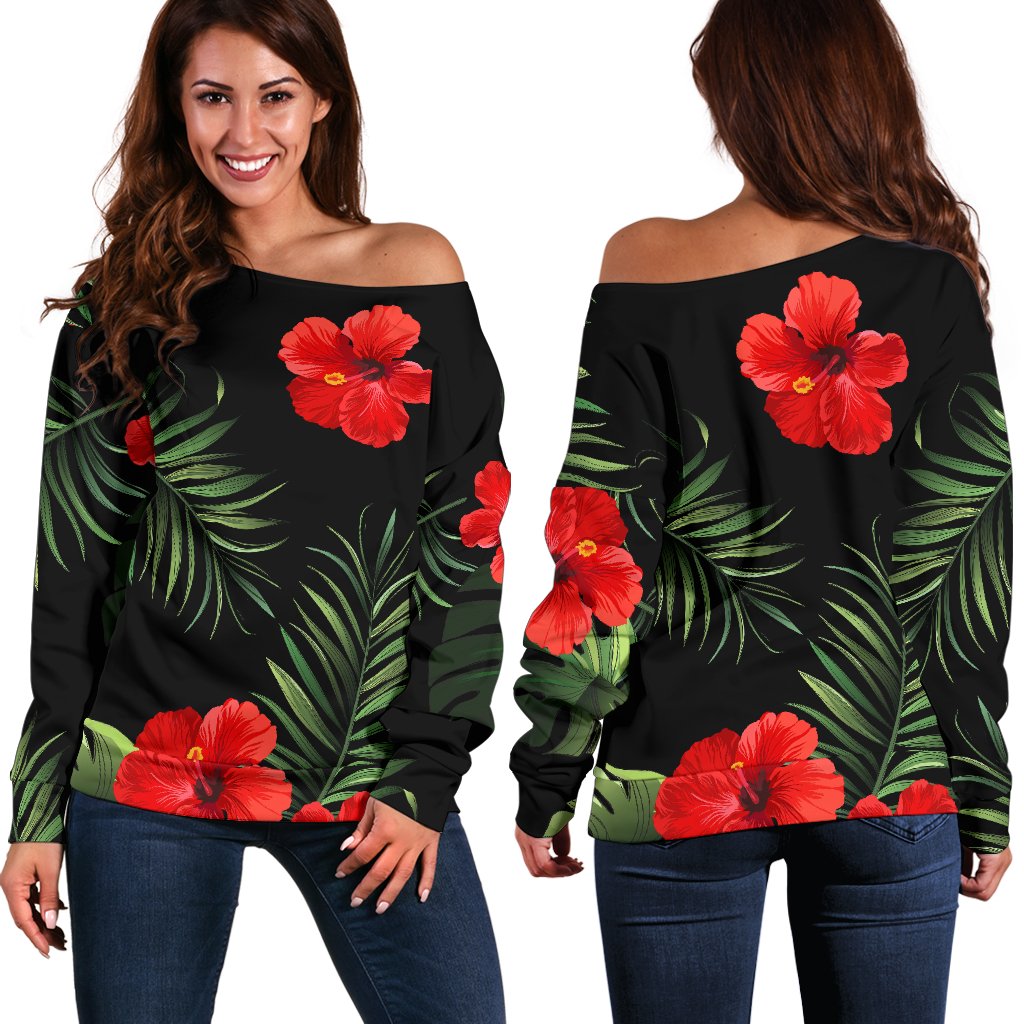 Red Hibiscus Tropical Off Shoulder Sweatshirt