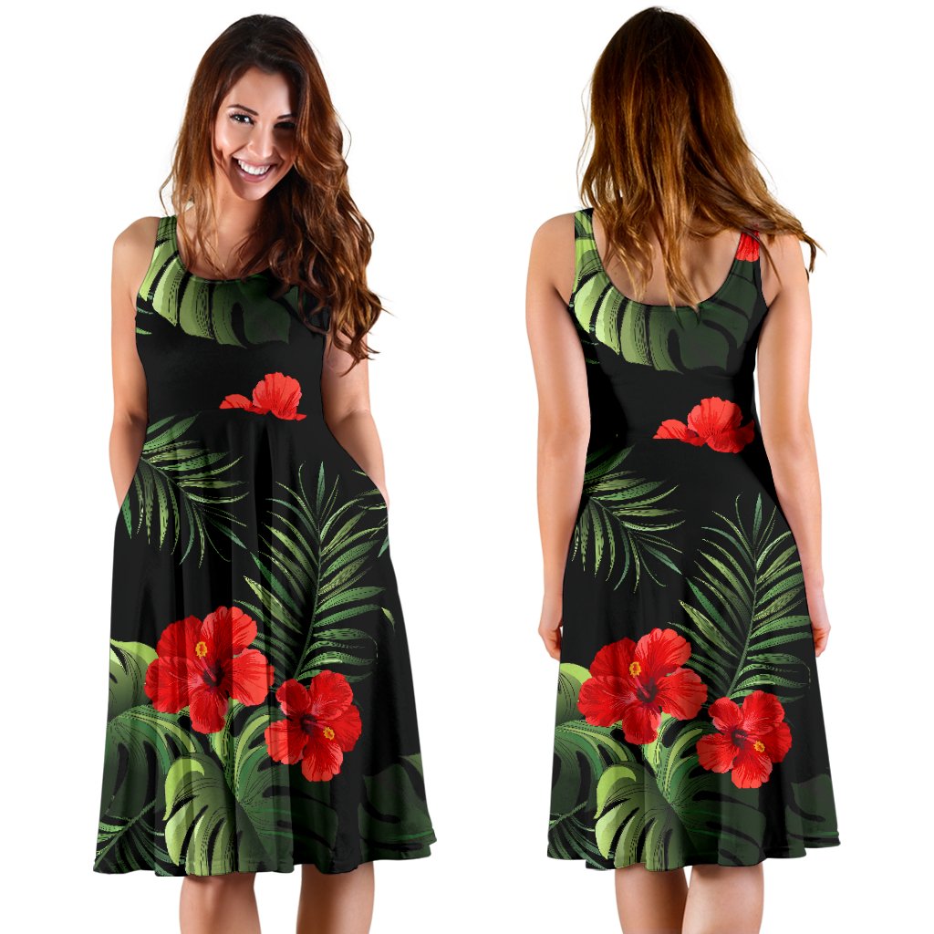 Red Hibiscus Tropical Sleeveless Mini Dress