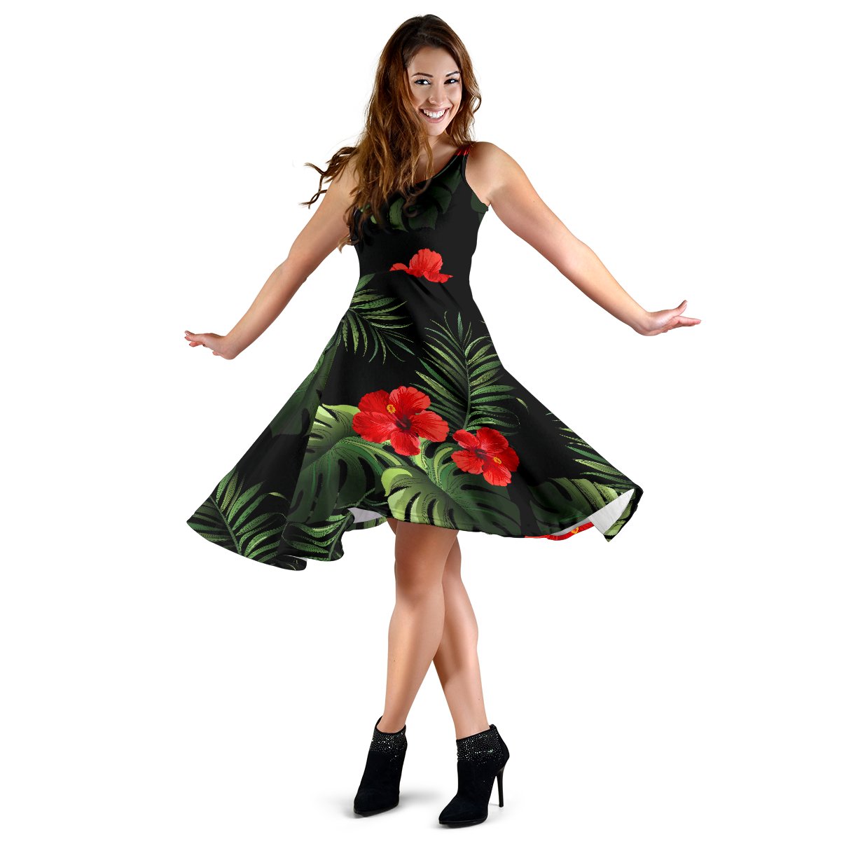 Red Hibiscus Tropical Sleeveless Mini Dress