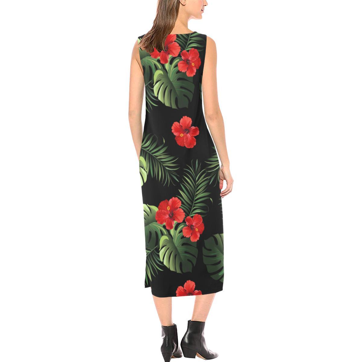 Red Hibiscus Tropical Sleeveless Open Fork Long Dress