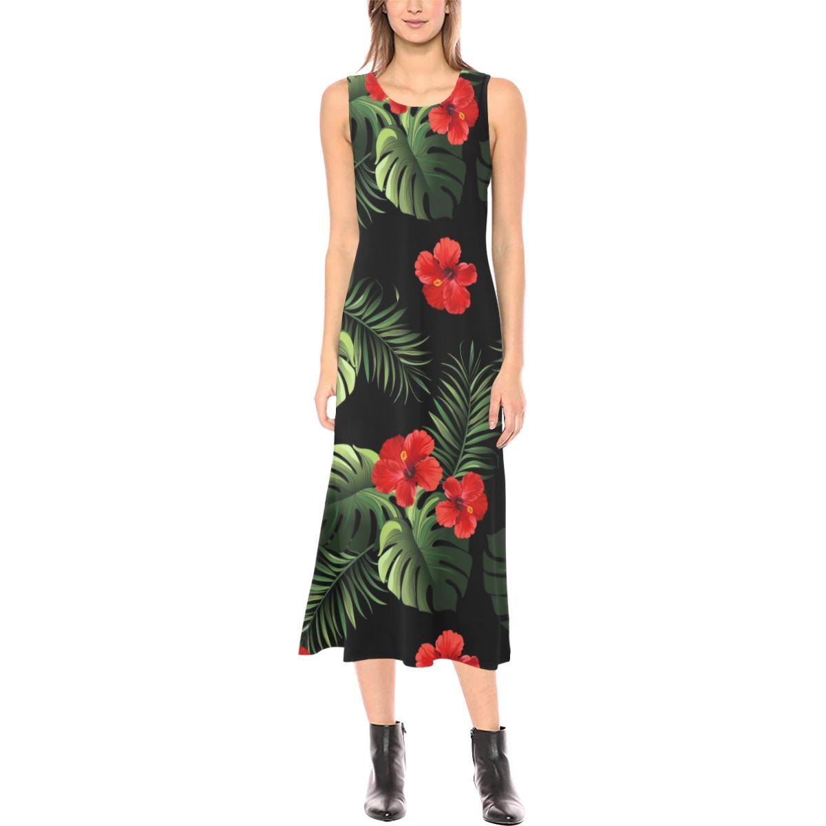 Red Hibiscus Tropical Sleeveless Open Fork Long Dress