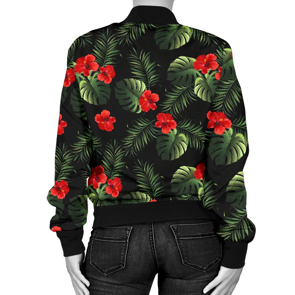 Red Hibiscus Tropical Women Casual Bomber Jacket