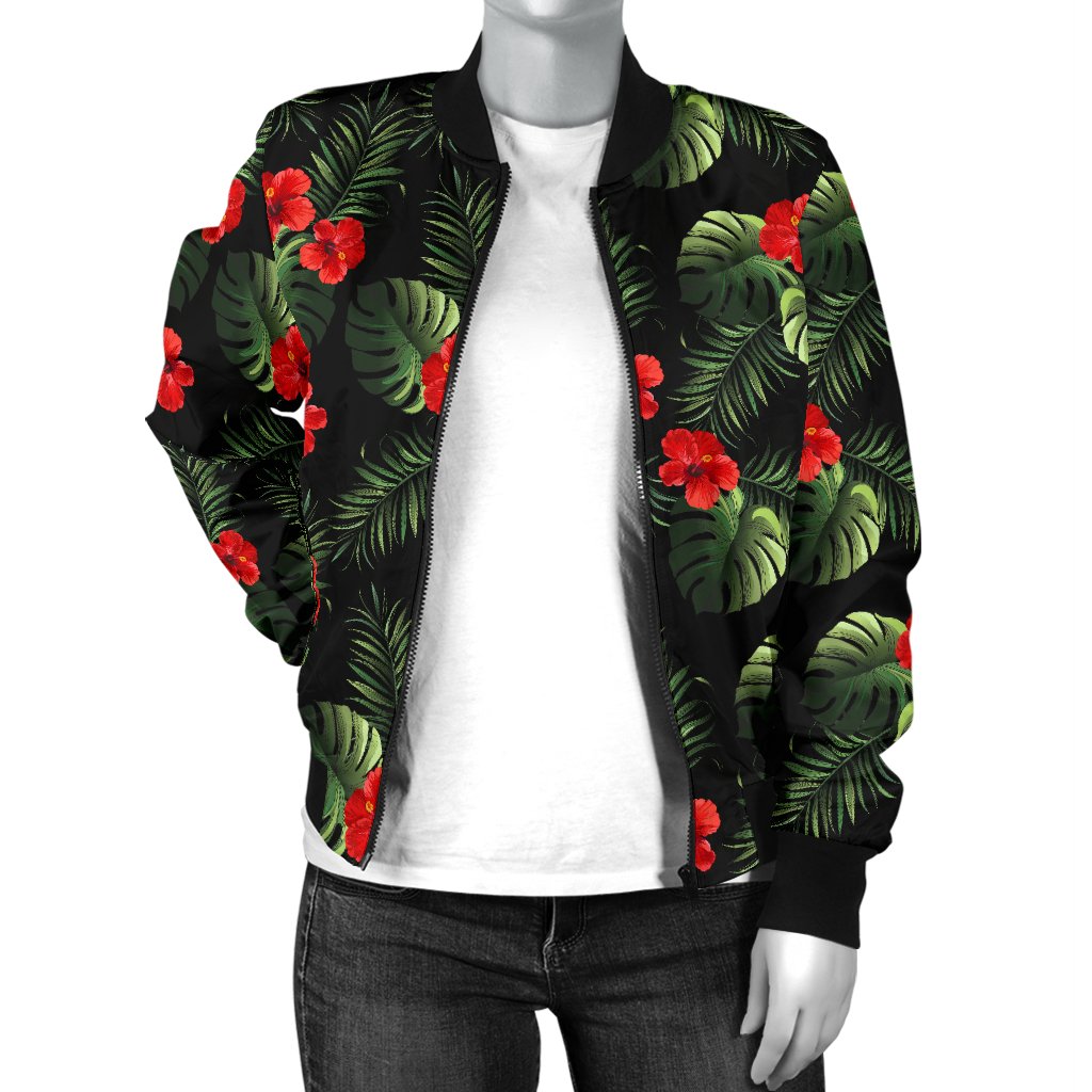 Red Hibiscus Tropical Women Casual Bomber Jacket