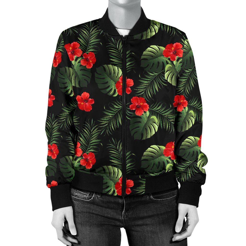 Red Hibiscus Tropical Women Casual Bomber Jacket