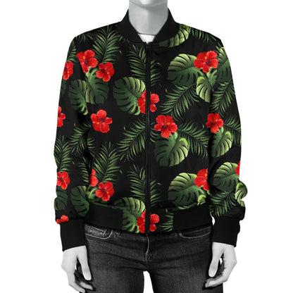 Red Hibiscus Tropical Women Casual Bomber Jacket
