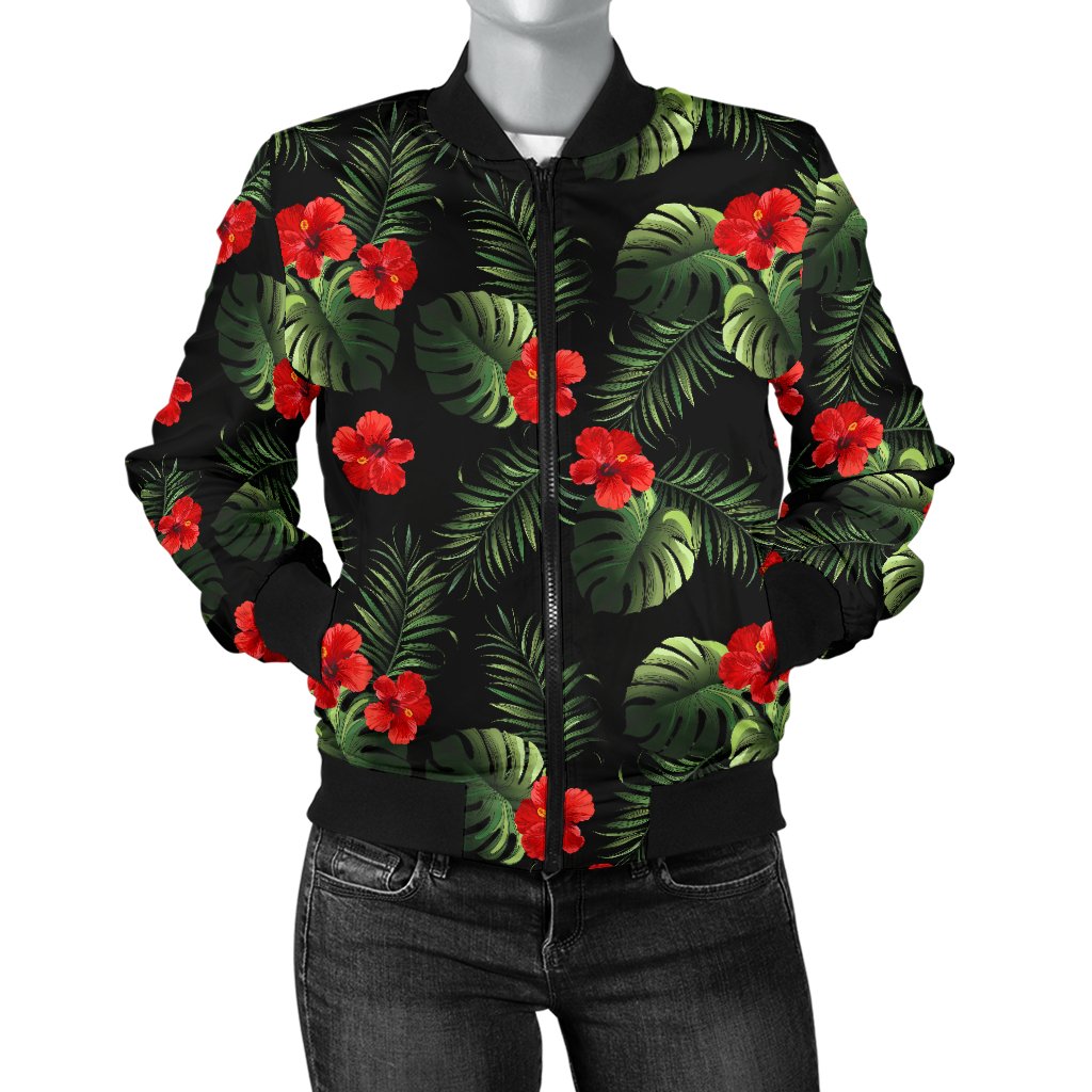 Red Hibiscus Tropical Women Casual Bomber Jacket