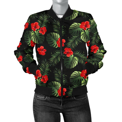 Red Hibiscus Tropical Women Casual Bomber Jacket