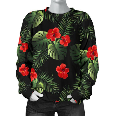 Red Hibiscus Tropical Women Crewneck Sweatshirt