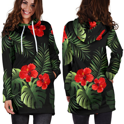 Red Hibiscus Tropical Women Hoodie Dress