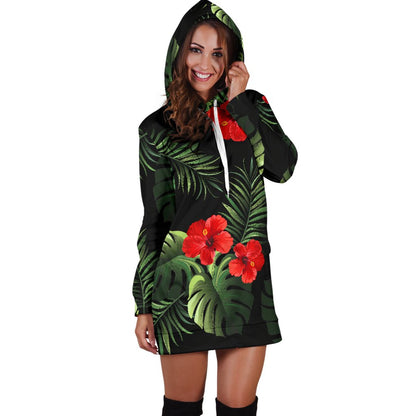 Red Hibiscus Tropical Women Hoodie Dress