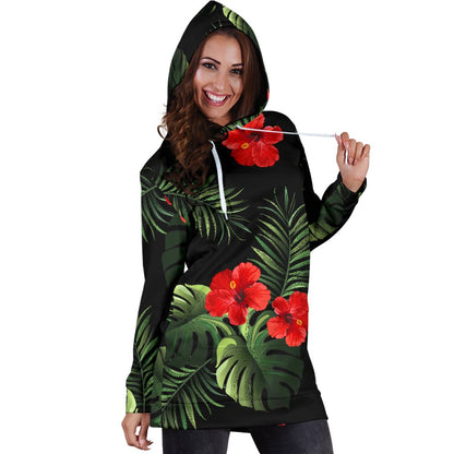Red Hibiscus Tropical Women Hoodie Dress