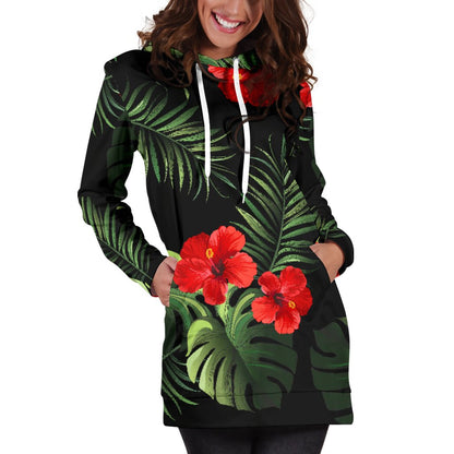 Red Hibiscus Tropical Women Hoodie Dress