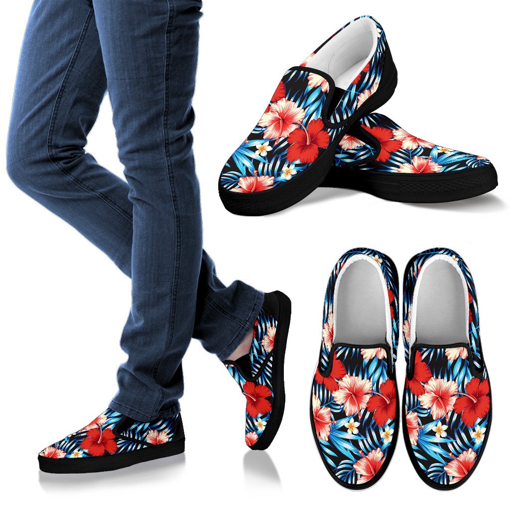 Red Hibiscus Tropical Women Slip On Shoes