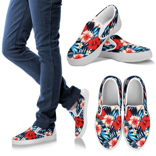 Red Hibiscus Tropical Women Slip On Shoes