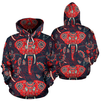 Red Indian Elephant Pattern All Over Print Hoodie