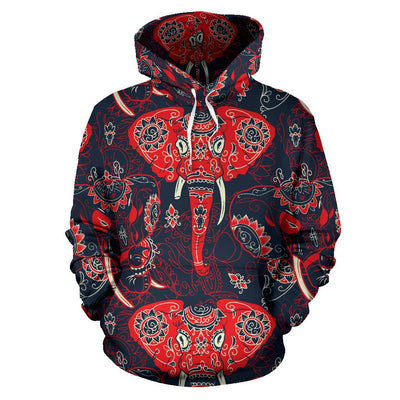 Red Indian Elephant Pattern All Over Print Hoodie