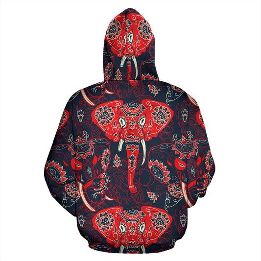 Red Indian Elephant Pattern All Over Zip Up Hoodie