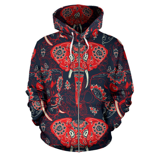 Red Indian Elephant Pattern All Over Zip Up Hoodie