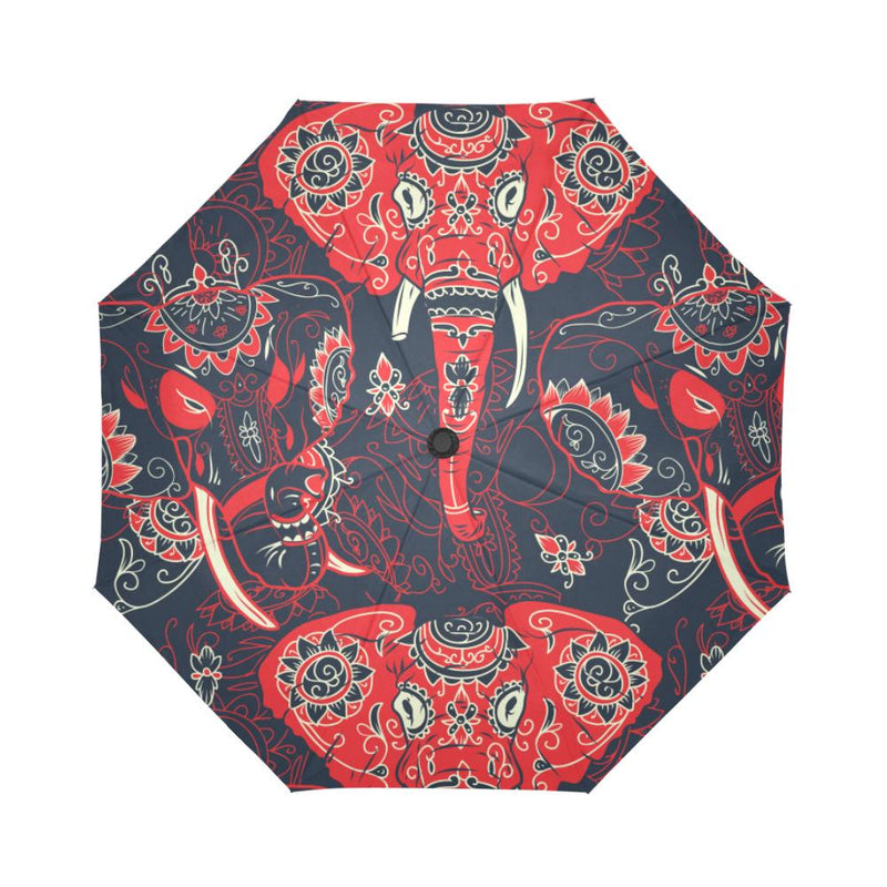 Red Indian Elephant Pattern Automatic Foldable Umbrella